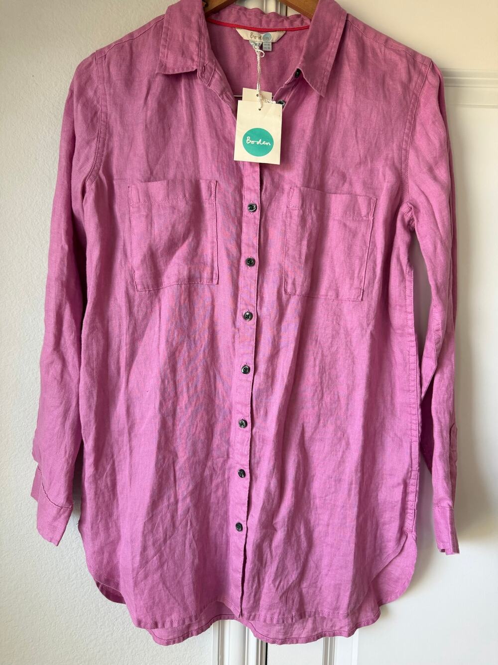 NWT Women's Boden 100% Linen Button Up Shirt Blouse in Pink - Size 4 Long